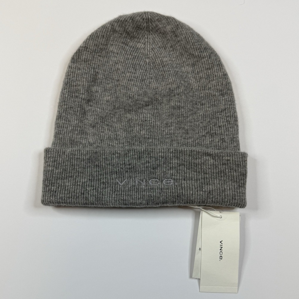 Vince Fine Rib Cuff Winter Beanie Hat Wool Cashmere Blend Gray One Size NWT